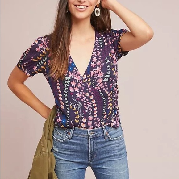 Anthropologie Meadow Rue Eldoret Floral Wrap Top Purple Size 6 - Picture 1 of 14
